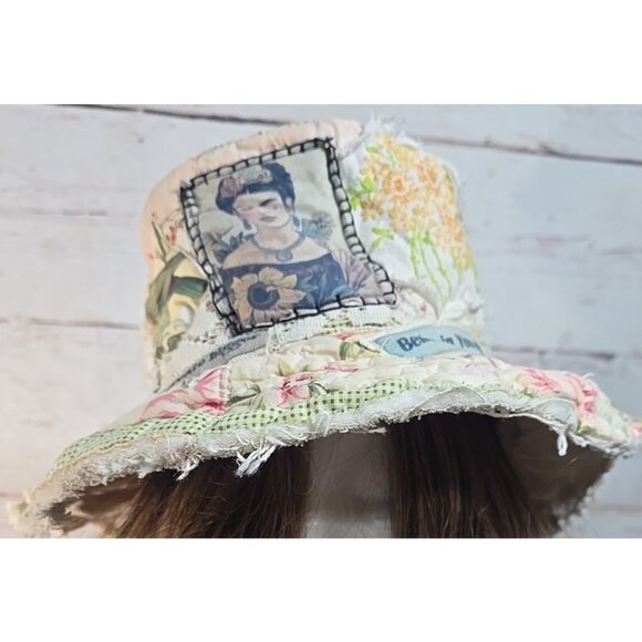 OOAK Magnolia Boho Quilt Top Hat Indie Upcycled Frida Bird Vtg Cat Adjusts L-S - Picture 7 of 14